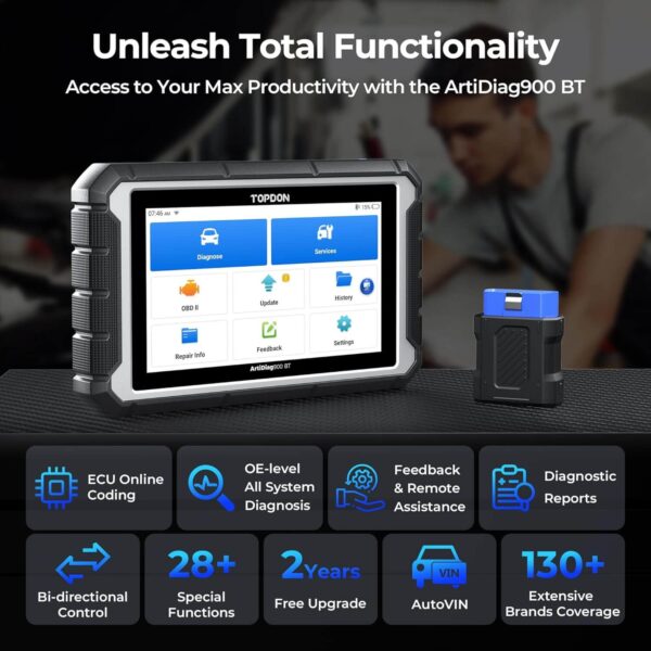 TOPDON ArtiDiag900 BT OBD2 Scanner – Advanced Bidirectional Scan Tool with ECU Coding, 28+ Maintenance Services, Full System Diagnostics for 130+ Car Brands, 2 Years Free Updates