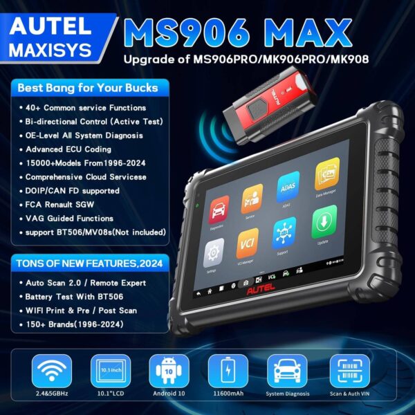 Autel MaxiSYS MS906 Max 2025 Upgraded MS906Pro Superior ECU Coding 40+ Services CAN FD & DoIP Auto Scan 2.0 Bi-Directional Control, Support ADAS