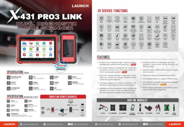 Launch X-431 Pro3 Link V2.0 OBD2 Diagnostic Scanner – Professional Automotive Tool with Smartlink, ECU Coding, Bi-Directional Control, and 39 Service Functions